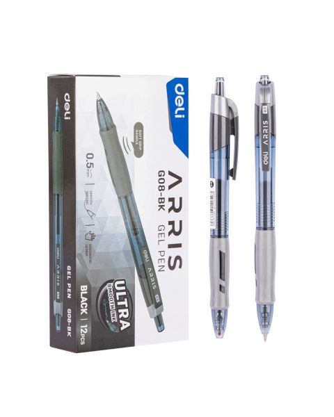 Deli Gel Pens 0.5mm Bullet Tip Black Soft Grip - 12 Pack