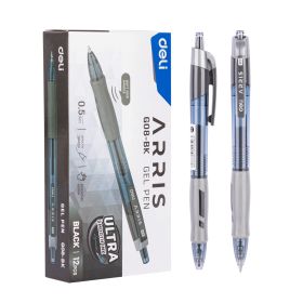 Deli Gel Pens 0.5mm Bullet Tip Black Soft Grip - 12 Pack