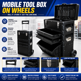 Mobile Lockable Tool Box on Wheels 3 Compartment Combination Telescopic Handle