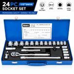 24PC CRV 1/2" Drive Metric Dr. Socket Set in Steel Toolbox