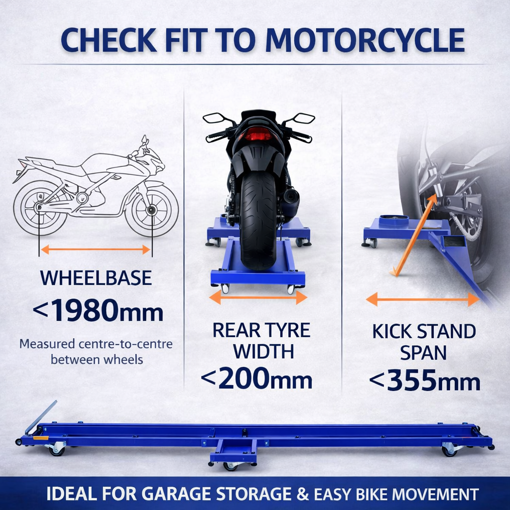 Motorcycle dolly fit guide showing wheelbase rear tyre width and kick stand span